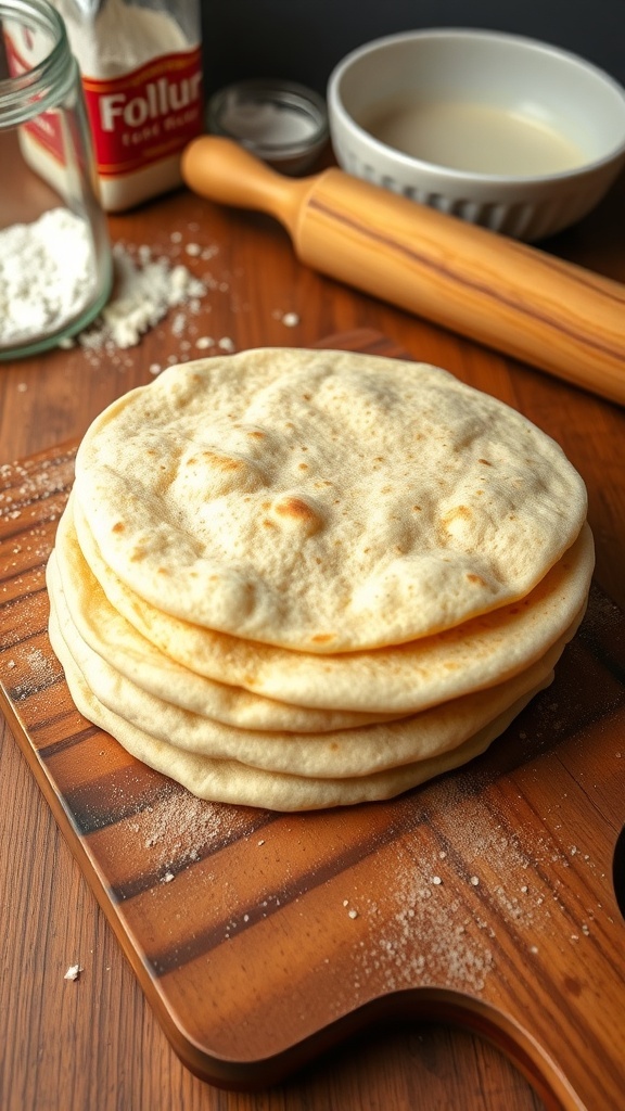 Freshly made flour tortillas stacked on a wooden board, with flour and a rolling pin in the background.